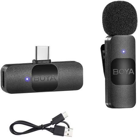 Micrófono de solapa inalámbrico para móvil - BY-V10 Omnidireccional Transmisor Recargable USB-C Android BOYA, Negro