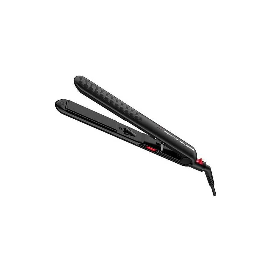 Plancha de pelo - Rowenta x Karl Lagerfeld Optiliss, Revestimiento Keratin & Glow, 10 temperaturas, Hasta 230 °C, Negro y rojo