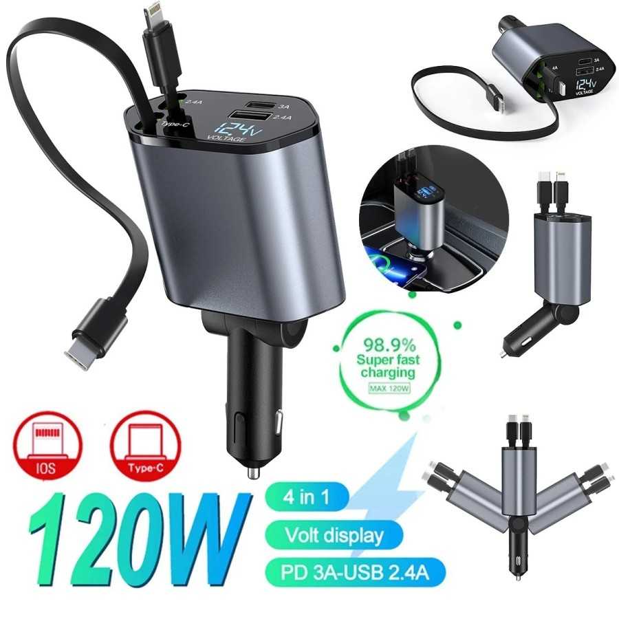 Cargador de coche 4 en 1 de 120W, carga Flash superrápida, Cable teles