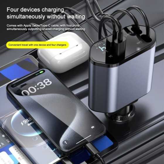 Cargador de coche 4 en 1 de 120W, carga Flash superrápida, Cable teles