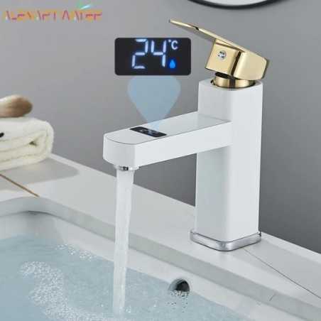 Grifo Digital para lavabo, accesorio con botón táctil, temperatura de agua fría y caliente, LED, negro y dorado, válvula mezclad