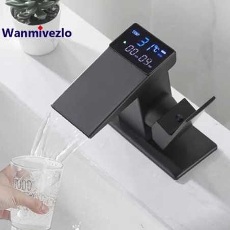 Grifo de lavabo con pantalla Digital inteligente, grifería de cascada LED con temperatura de agua fría y caliente, mezcladores d