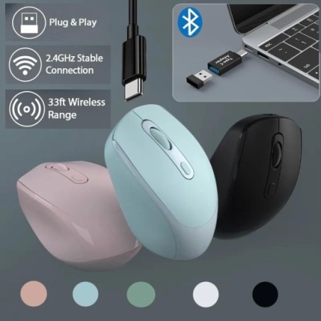 Ratón inalámbrico silencioso compatible con Bluetooth, Mouse óptico recargable de modo Dual de 2,4G, 1600 DPI, para MacBook, ord