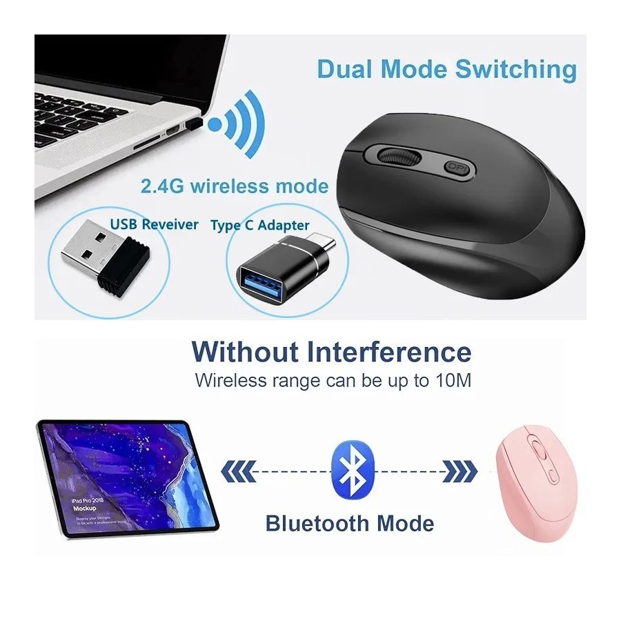 Ratón inalámbrico silencioso compatible con Bluetooth, Mouse óptico re