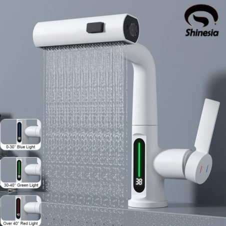 Shinesia-grifo de lavabo de lluvia con pantalla Digital LCD inteligente, mezclador de lavabo de baño, extraíble, negro/blanco, 3