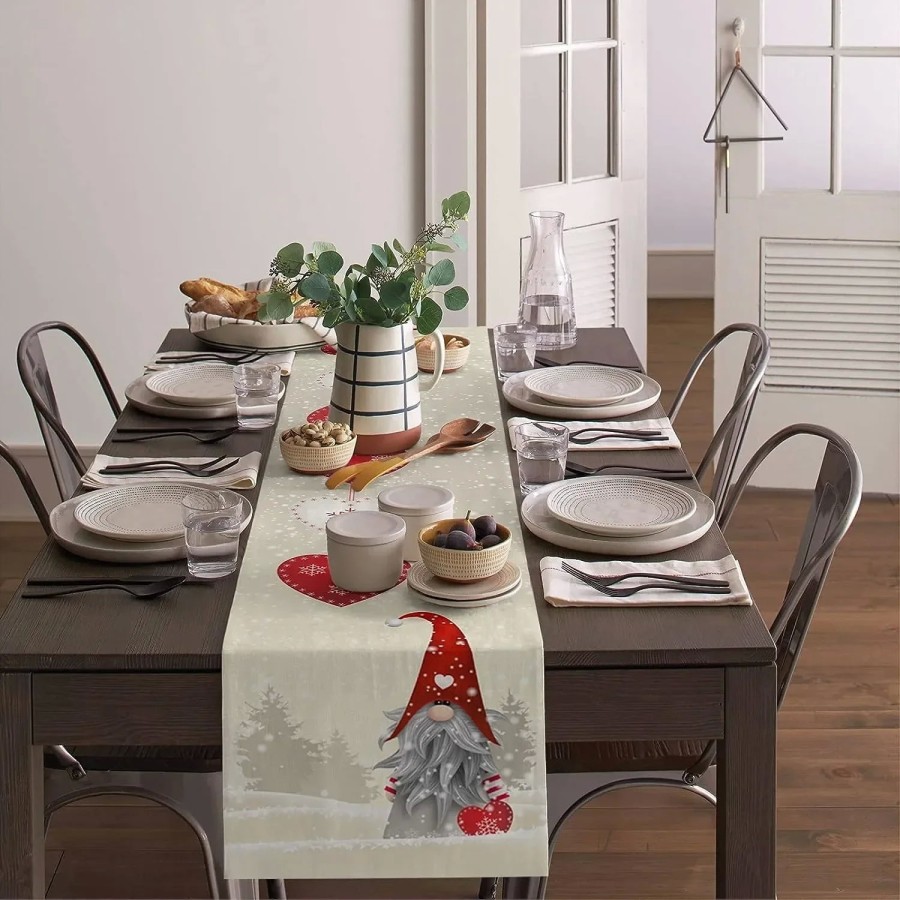 Copos de nieve navideños, gnomos, caminos de mesa de lino, tocador, bu