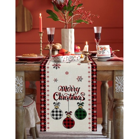 Caminos de mesa de lino con bola de árbol de Feliz Navidad, decoración