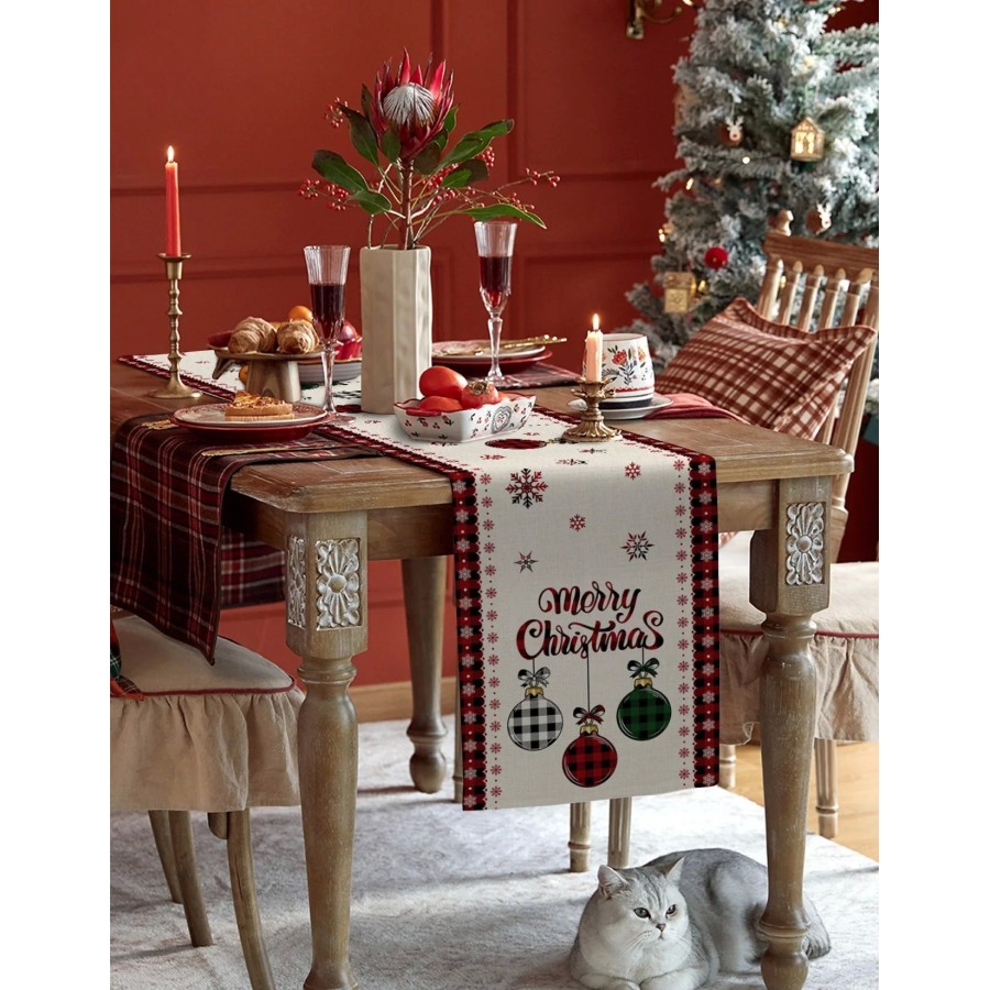 Caminos de mesa de lino con bola de árbol de Feliz Navidad, decoración