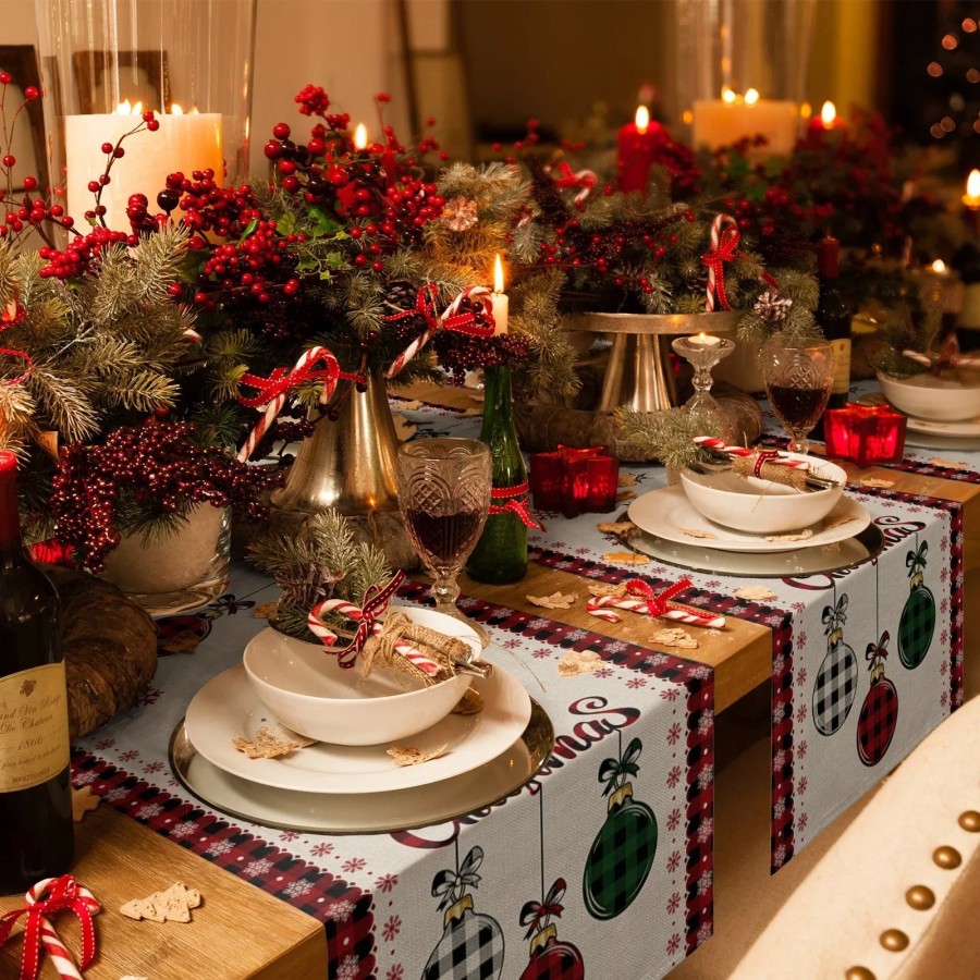 Caminos de mesa de lino con bola de árbol de Feliz Navidad, decoración