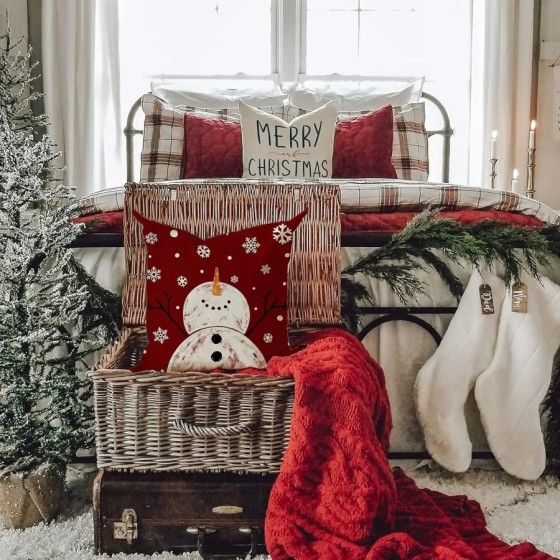 Fundas de almohada rojas de Navidad, decoración de copo de nieve, feli