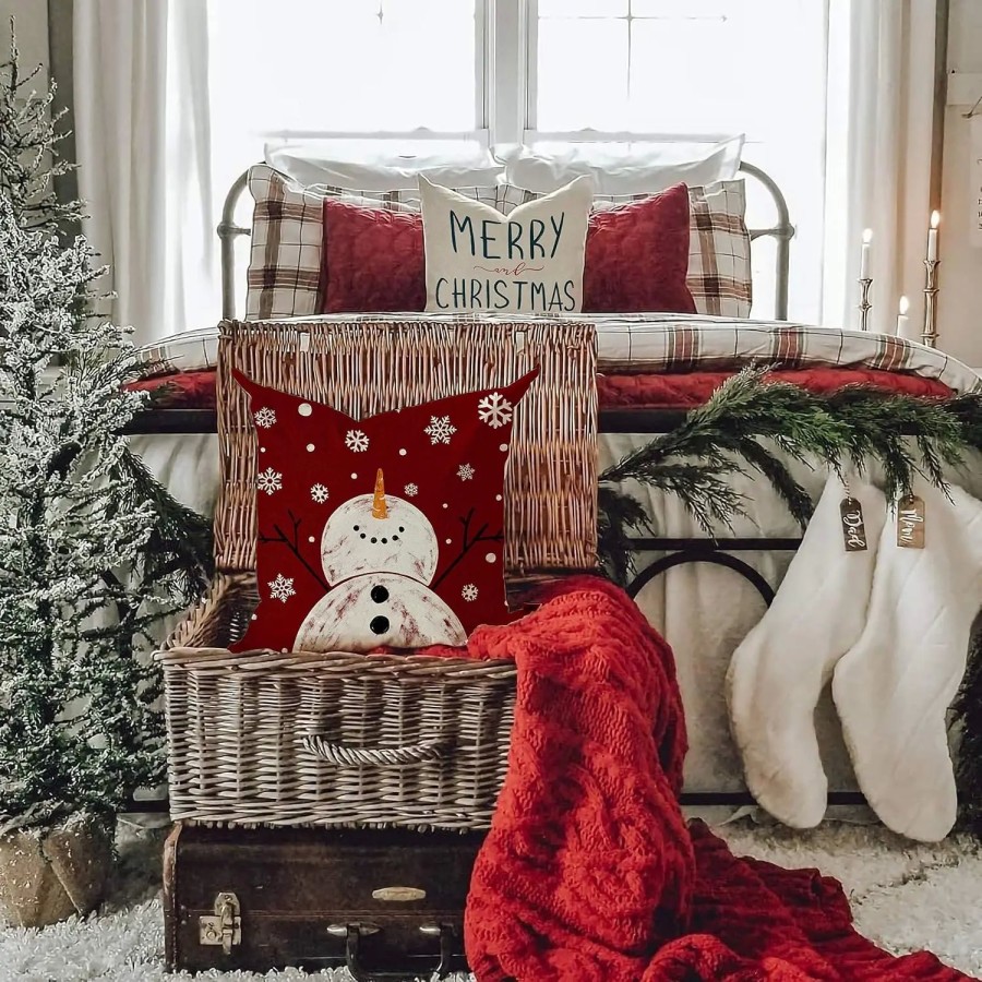 Fundas de almohada rojas de Navidad, decoración de copo de nieve, feli