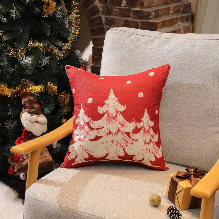 Fundas de almohada rojas de Navidad, decoración de copo de nieve, feli