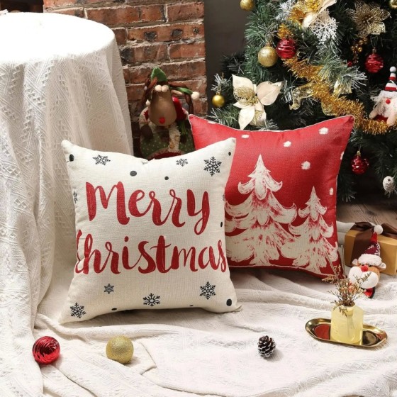 Fundas de almohada rojas de Navidad, decoración de copo de nieve, feli