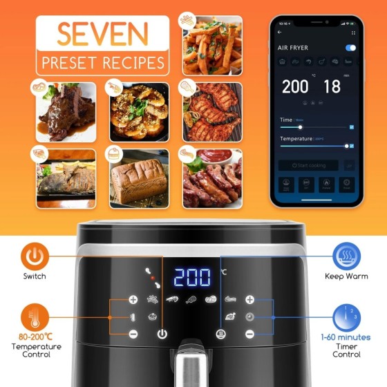 AIGOSTAR Freidora de Aire sin Aceite 7L,1900W, Inteligente. Conexión W