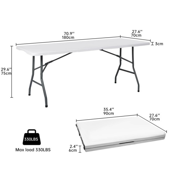 T-LoVendo - Mesa Plegable Rectangular de 180 cm y 150 Kg de Carga, Por