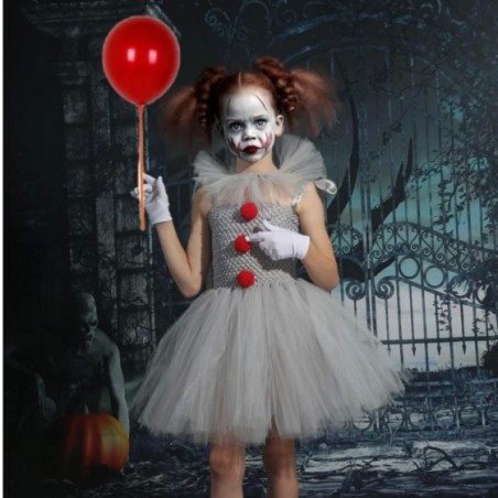 Vestido de tutú Pennywise para niñas, disfraz de payaso gris aterrador para Halloween, ropa de fiesta de Carnaval
