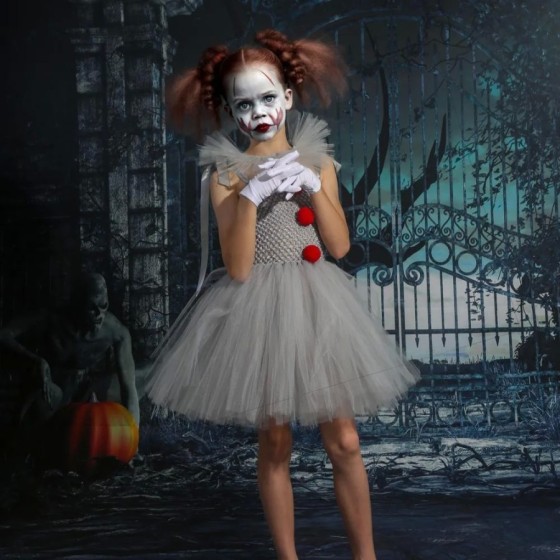 Vestido de tutú Pennywise para niñas, disfraz de payaso gris aterrador
