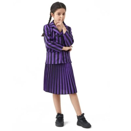 Addams disfraz de Cosplay de Halloween para niñas, traje de uniforme de Addams, falda, peluca, mano, ropa de Viernes, gris y mor