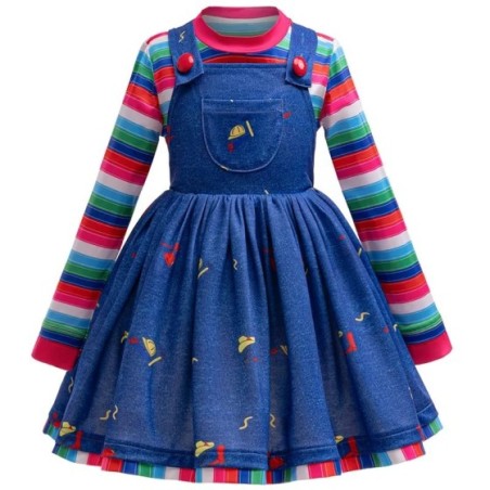 Disfraz de Cosplay de muñeca Chucky de película de terror para niños, Top a rayas + vestido de tirantes estampado para niña pequ