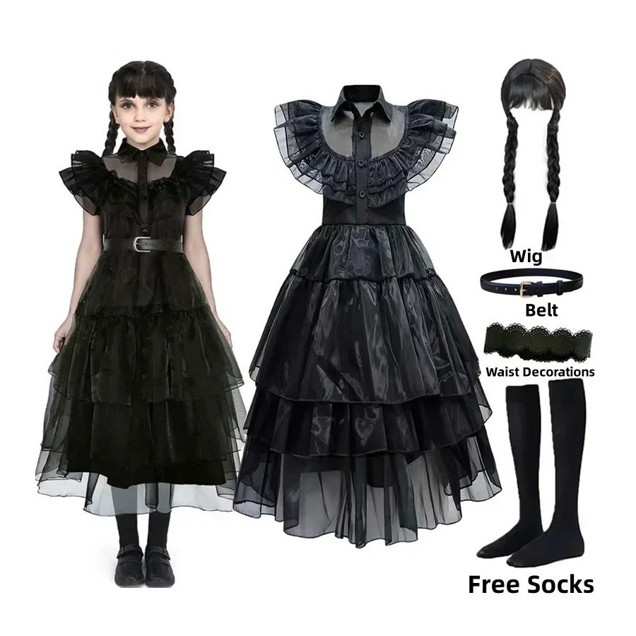 Addams-Disfraz de cumpleaños para niñas, vestido de fiesta con Peluca