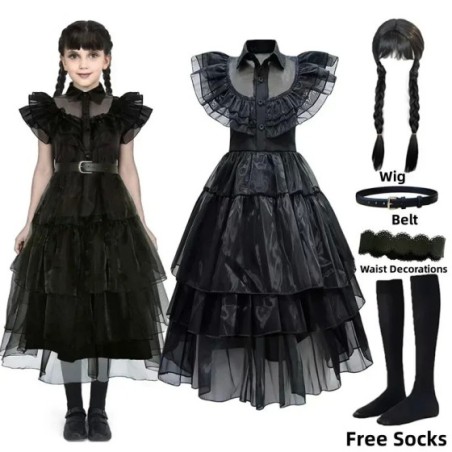 Addams-Disfraz de cumpleaños para niñas, vestido de fiesta con Peluca de Cosplay, calcetines, cinturones para niños de 2 a 12 añ