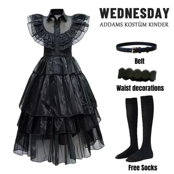 Addams-Disfraz de cumpleaños para niñas, vestido de fiesta con Peluca