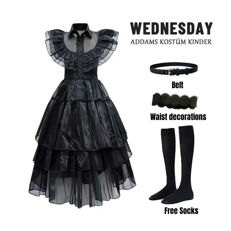 Addams-Disfraz de cumpleaños para niñas, vestido de fiesta con Peluca