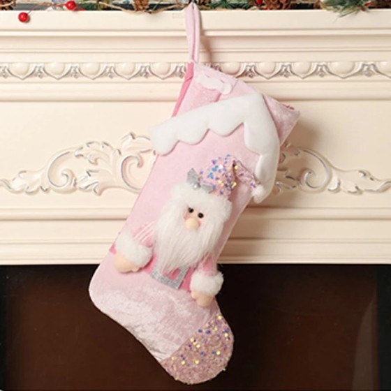 Calcetines navideños de muñecos de dibujos animados con purpurina rosa Calcetines navideños de muñecos de dibujos animados con purpurina rosa