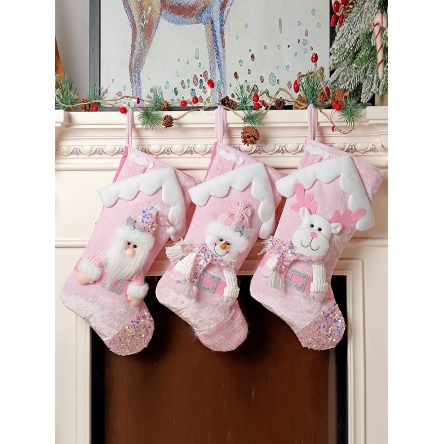 Calcetines navideños de muñecos de dibujos animados con purpurina rosa Calcetines navideños de muñecos de dibujos animados con purpurina rosa