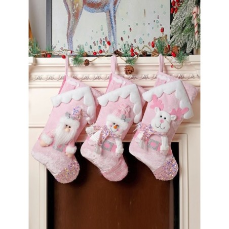 Calcetines navideños de muñecos de dibujos animados con purpurina rosa, decoración de árbol de Navidad en la azotea, bolsa de re