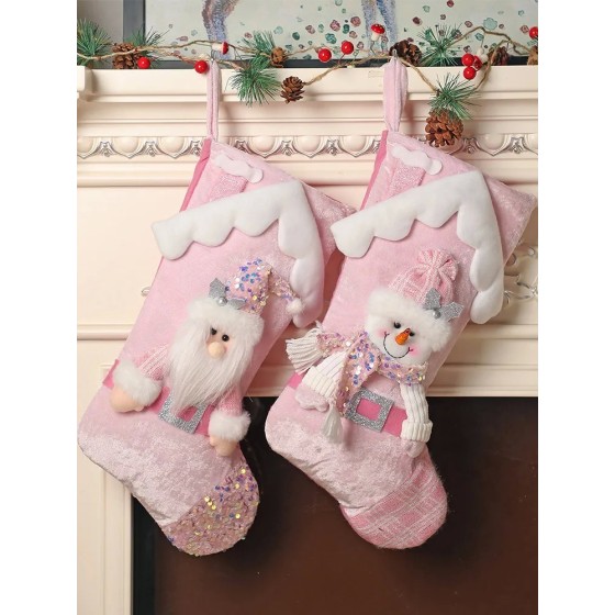 Calcetines navideños de muñecos de dibujos animados con purpurina rosa Calcetines navideños de muñecos de dibujos animados con purpurina rosa