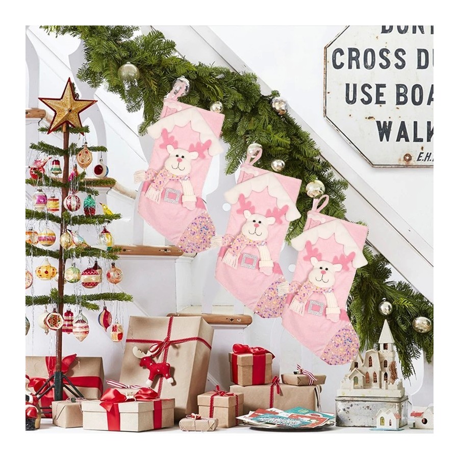 Calcetines navideños de muñecos de dibujos animados con purpurina rosa