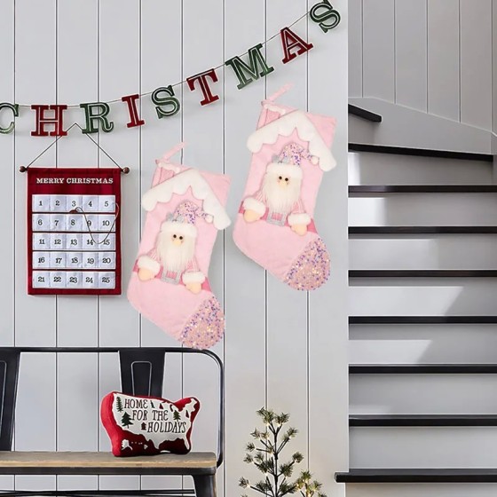 Calcetines navideños de muñecos de dibujos animados con purpurina rosa Calcetines navideños de muñecos de dibujos animados con purpurina rosa
