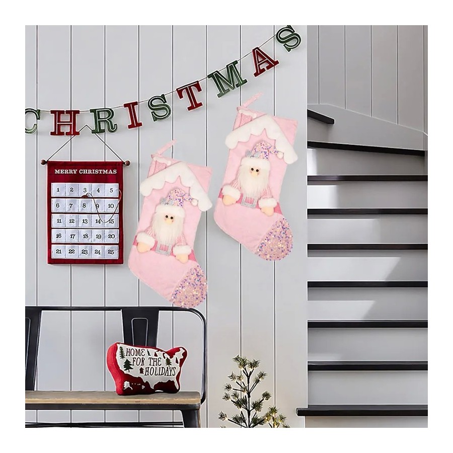 Calcetines navideños de muñecos de dibujos animados con purpurina rosa