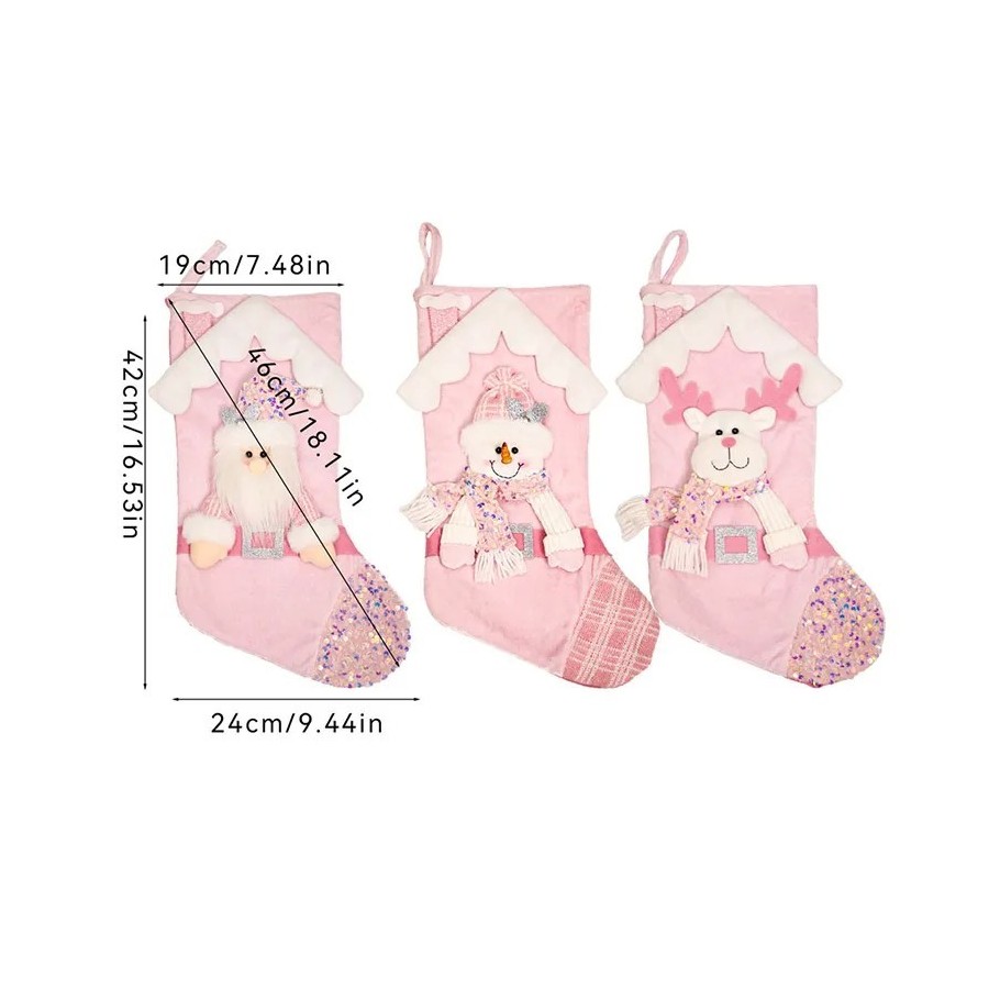 Calcetines navideños de muñecos de dibujos animados con purpurina rosa