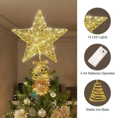 Adorno de hierro brillante para árbol de Navidad, estrella con luces LED de alambre de cobre, decoración de Feliz Navidad para e