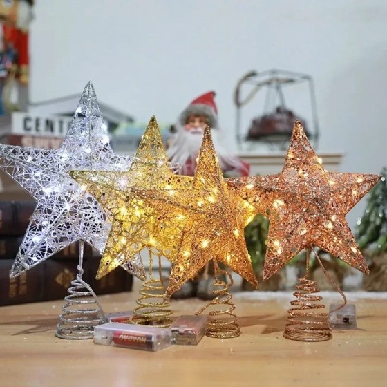 Adorno de hierro brillante para árbol de Navidad, estrella con luces L