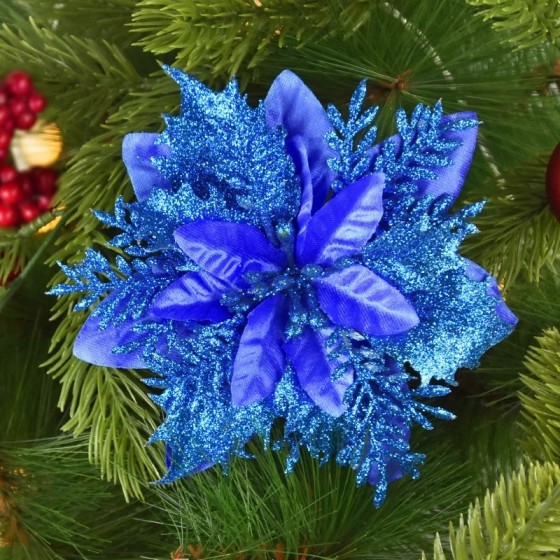 Flores de Navidad artificiales con purpurina, adornos de árbol de Navi
