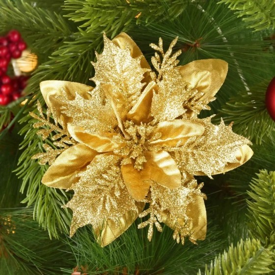 Flores de Navidad artificiales con purpurina, adornos de árbol de Navi