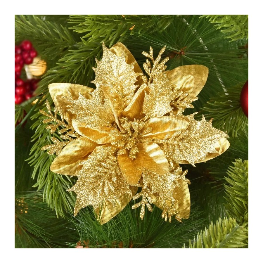 Flores de Navidad artificiales con purpurina, adornos de árbol de Navi
