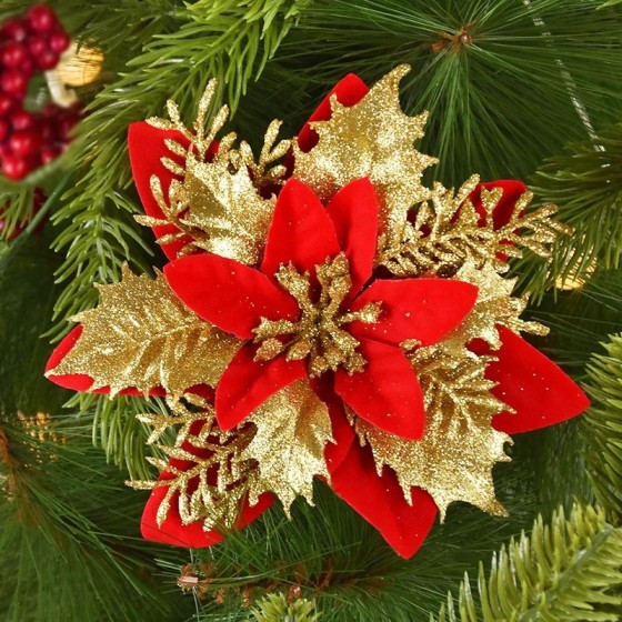 Flores de Navidad artificiales con purpurina, adornos de árbol de Navi