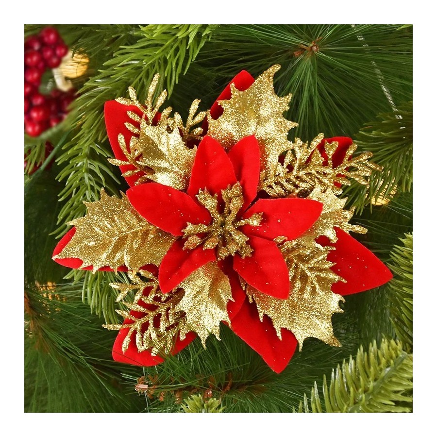 Flores de Navidad artificiales con purpurina, adornos de árbol de Navi