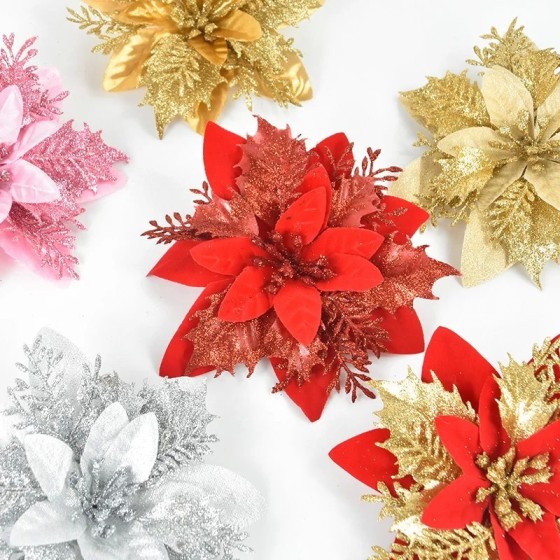 Flores de Navidad artificiales con purpurina, adornos de árbol de Navi