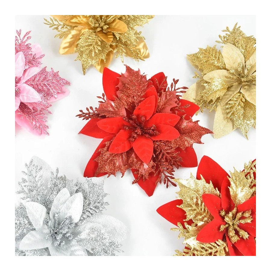 Flores de Navidad artificiales con purpurina, adornos de árbol de Navi
