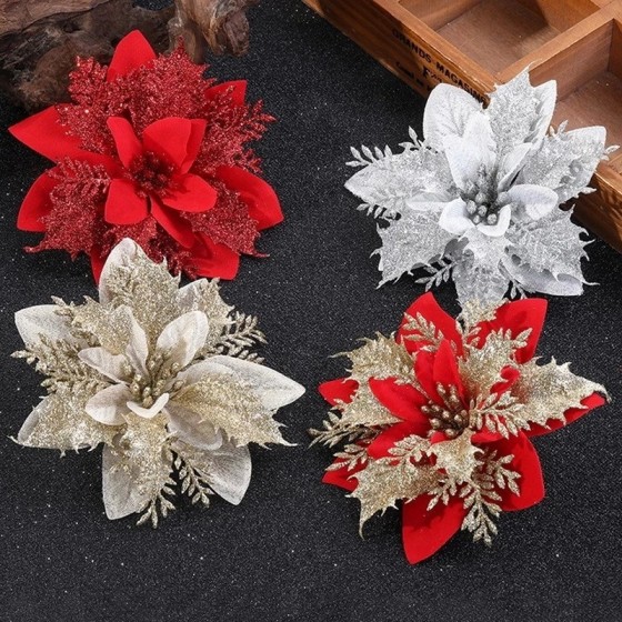 Flores de Navidad artificiales con purpurina, adornos de árbol de Navi