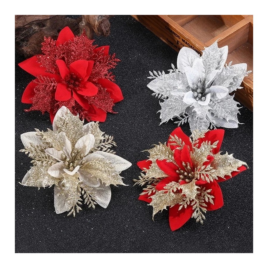 Flores de Navidad artificiales con purpurina, adornos de árbol de Navi