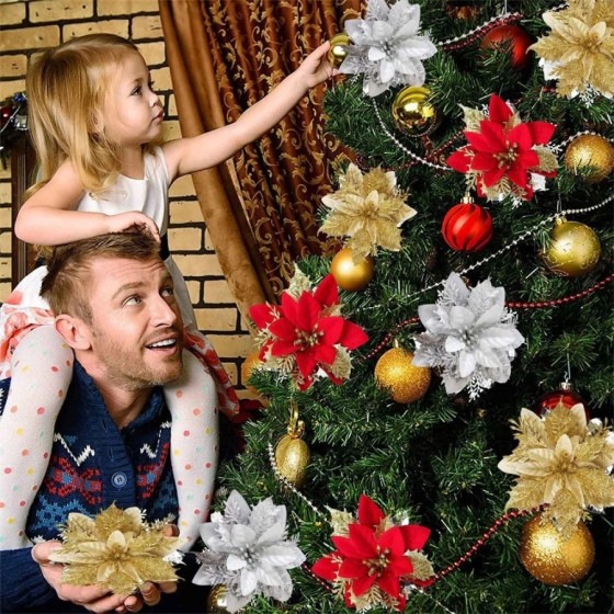 Flores de Navidad artificiales con purpurina, adornos de árbol de Navi