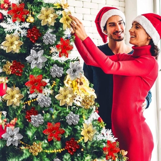 Flores de Navidad artificiales con purpurina, adornos de árbol de Navi