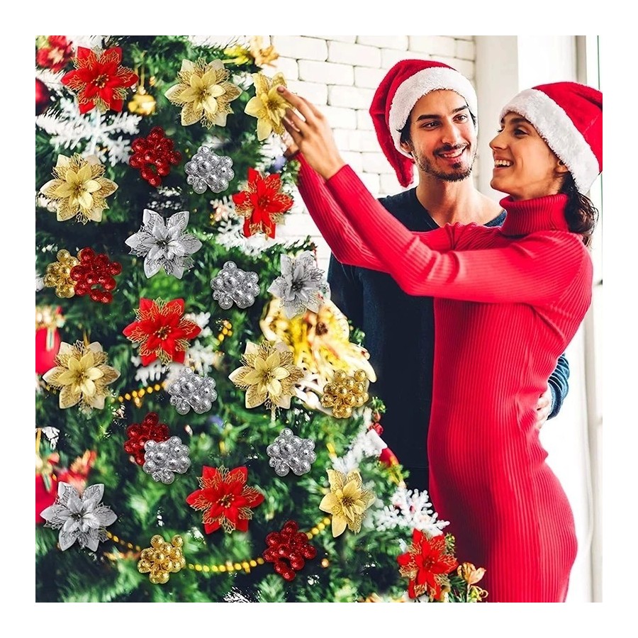 Flores de Navidad artificiales con purpurina, adornos de árbol de Navi