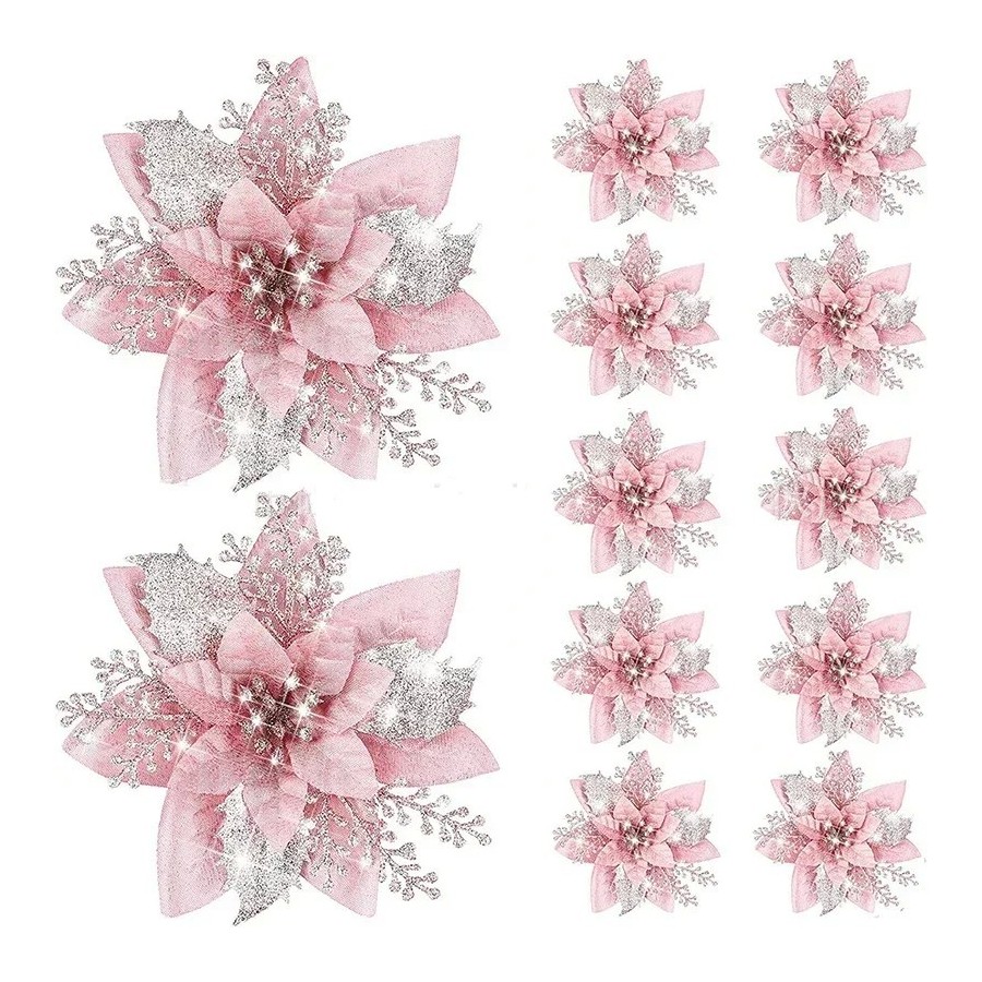 Flores artificiales con purpurina para decoración de árbol de Navidad, Flores artificiales con purpurina para decoración de árbol de Navidad,